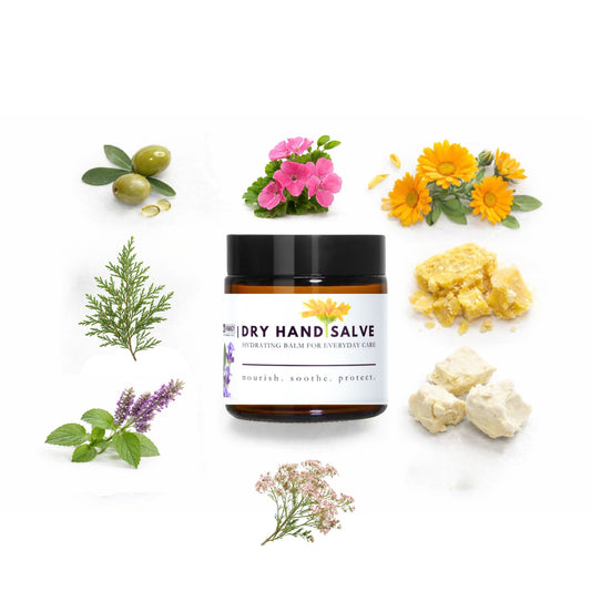Dry hand salve jar with natural ingredients on a white background