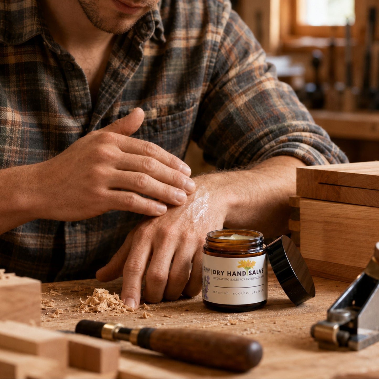 Man applying salve to his hand with a wooden workspace and tools in the background