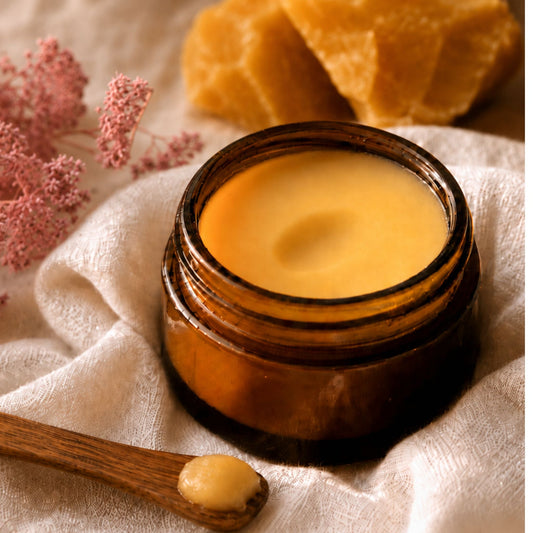 Beeswax salve in an amber jar. 