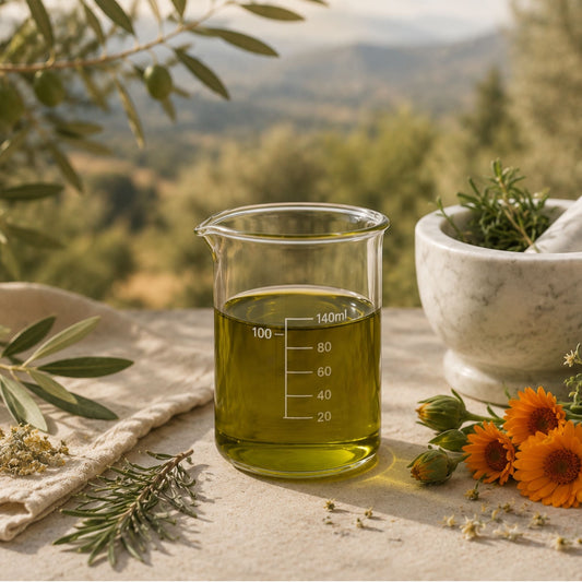 Beaker of olive oil overlooking an greek olive grove
