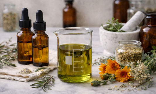 Rallis Olive Oil in a beaker on a marble countertop surrounded by amber tincture bottles and botanicals. 