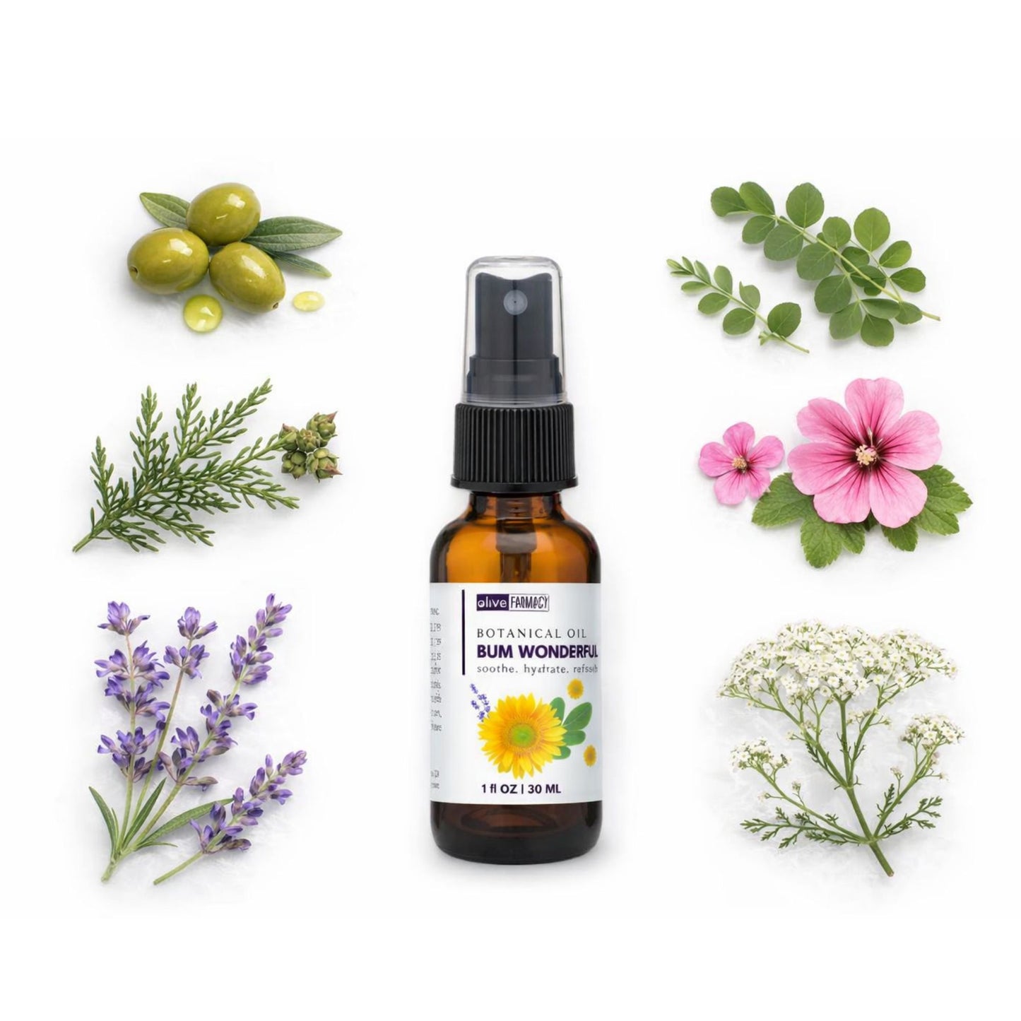 Olive Farmacy's botanical oil spray bottle surrounded by flowers and leaves on a white background