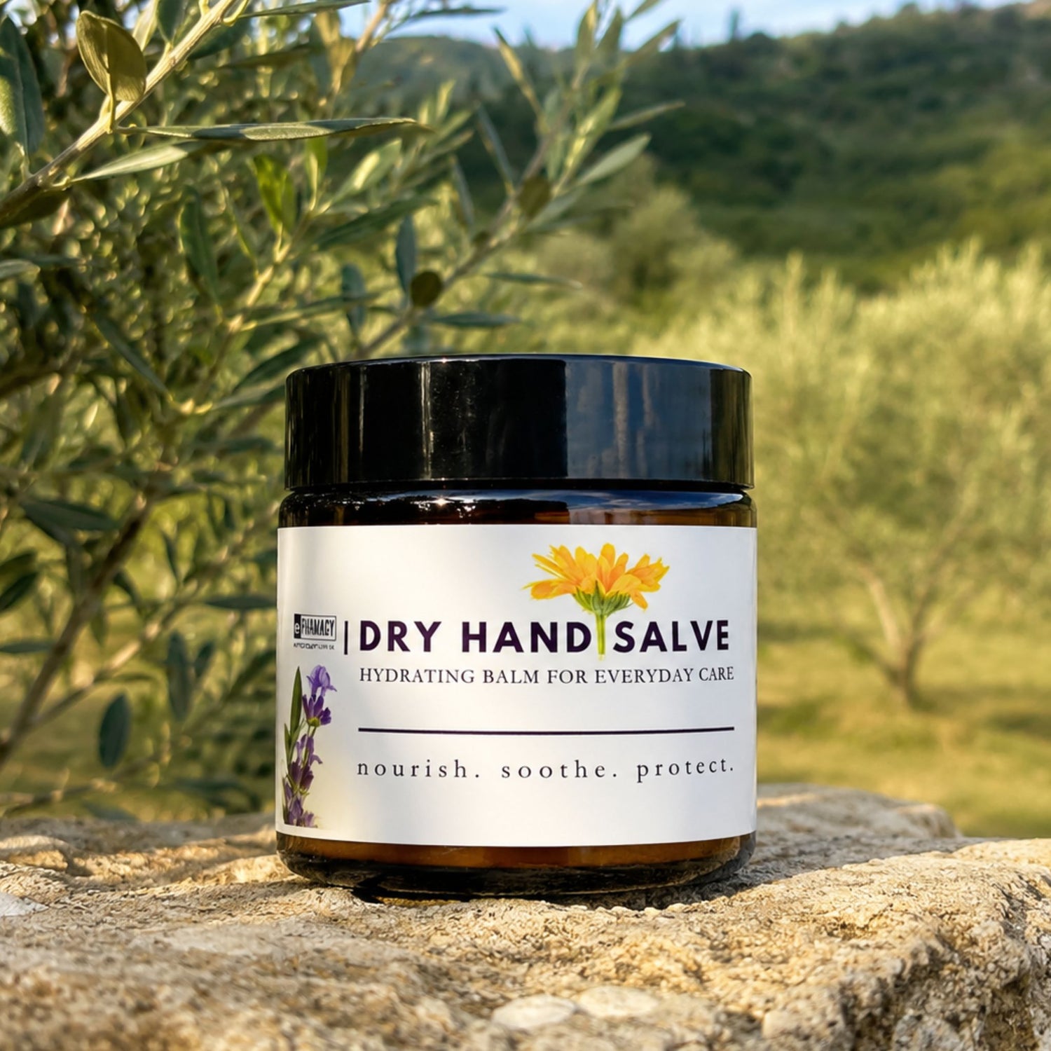 Jar of dry hand salve with a natural background