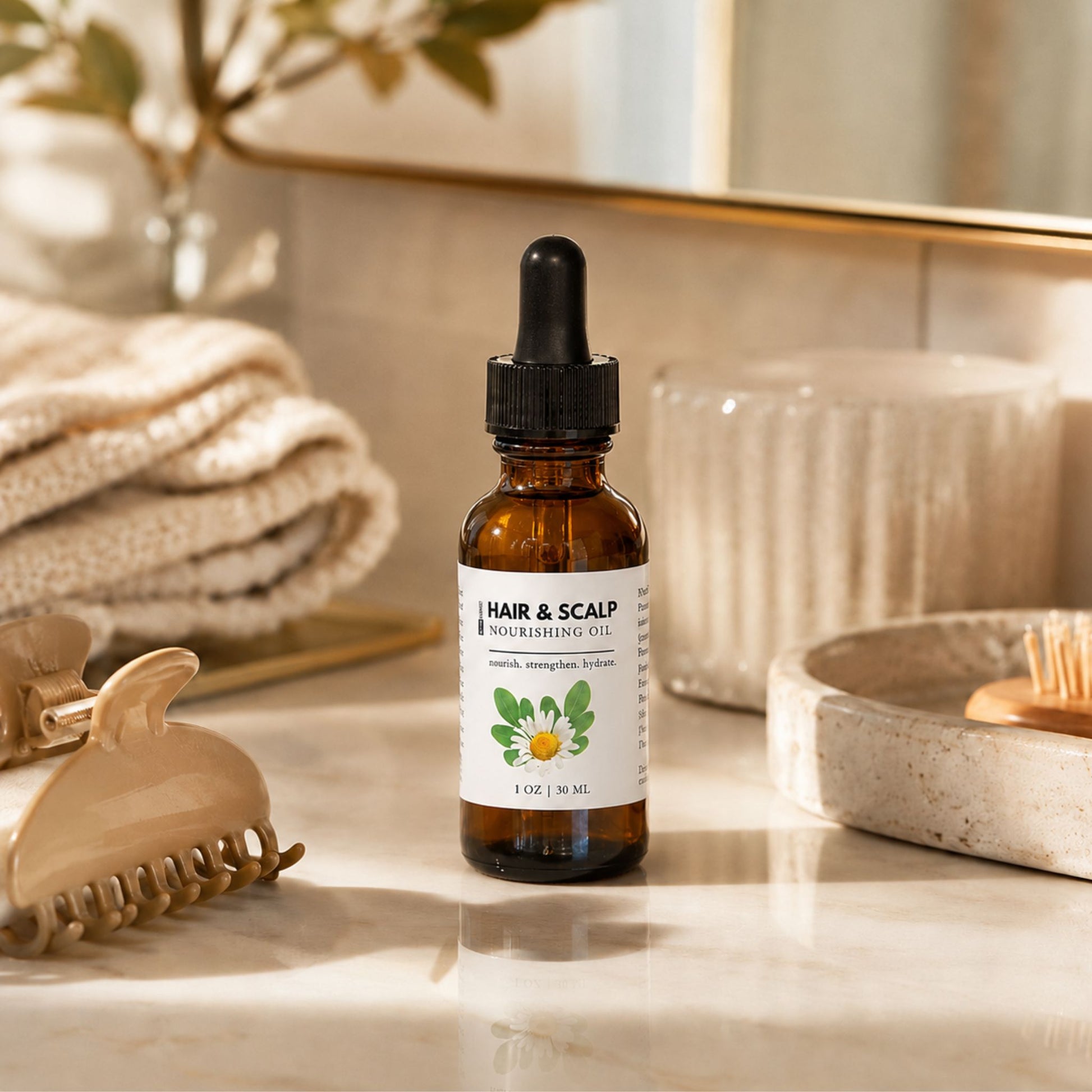 Hair and scalp nourishing oil bottle on a bathroom counter with a mirror and towel in the background