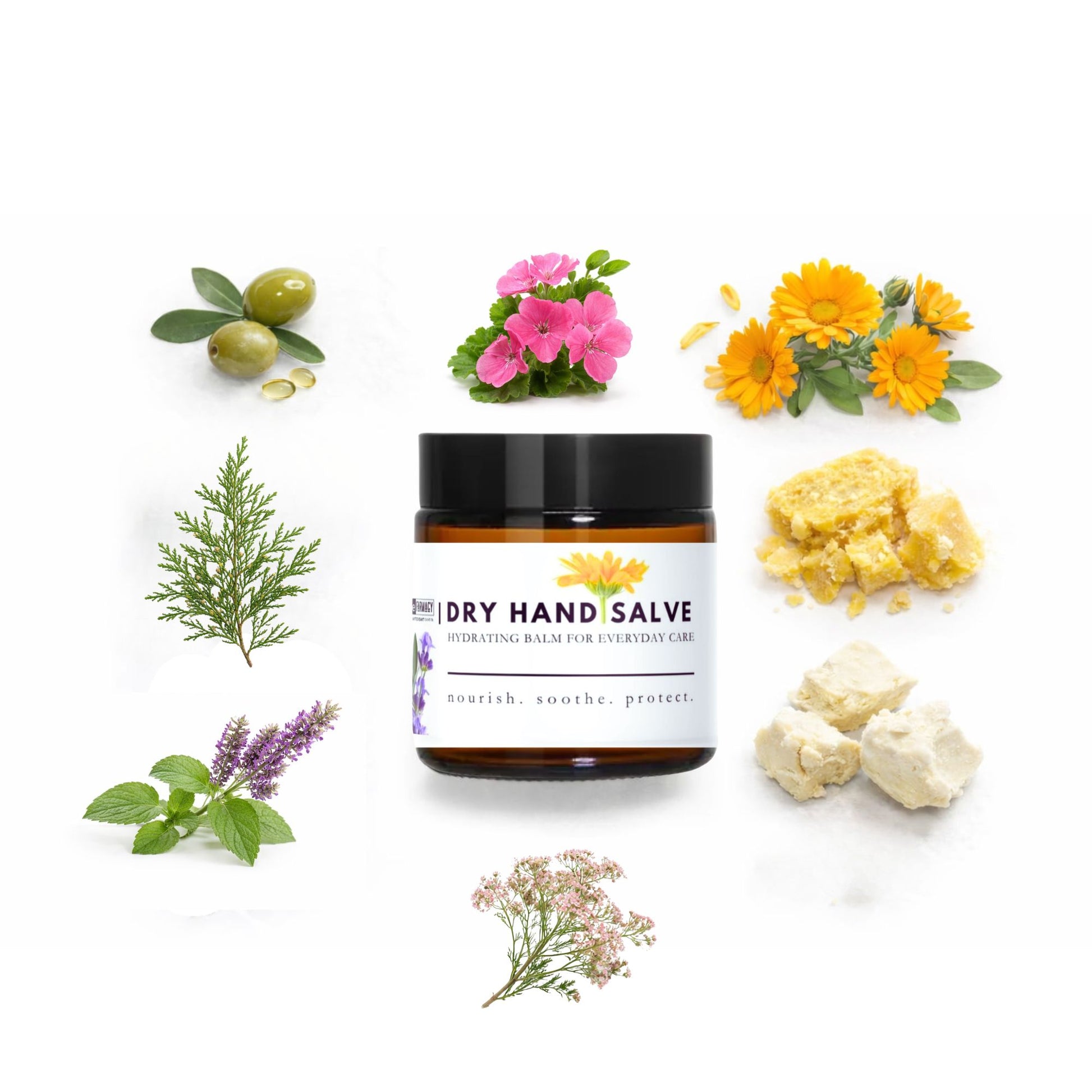 Dry hand salve jar with natural ingredients on a white background