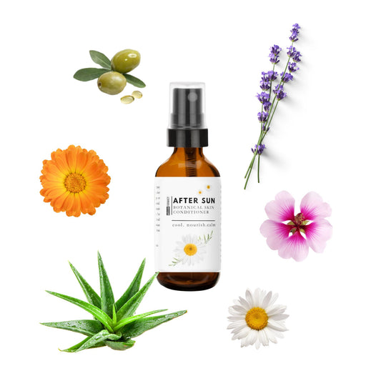 After sun botanical skin conditioner bottle with natural elements on a white background
