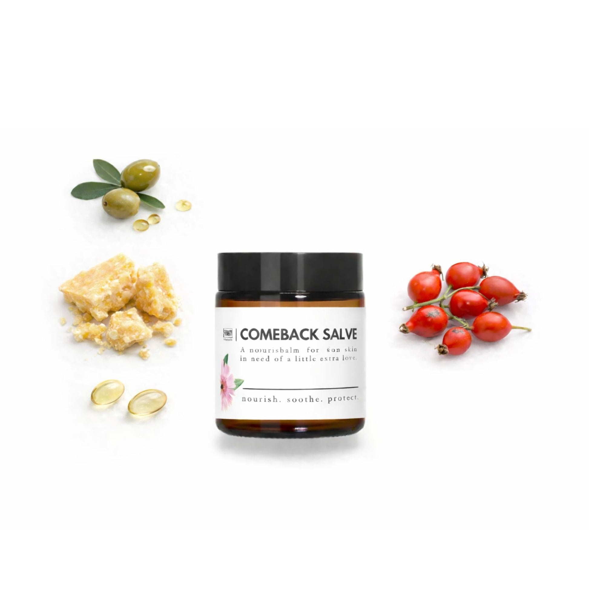 Jar of 'Comeback Salve' with natural ingredients on a white background