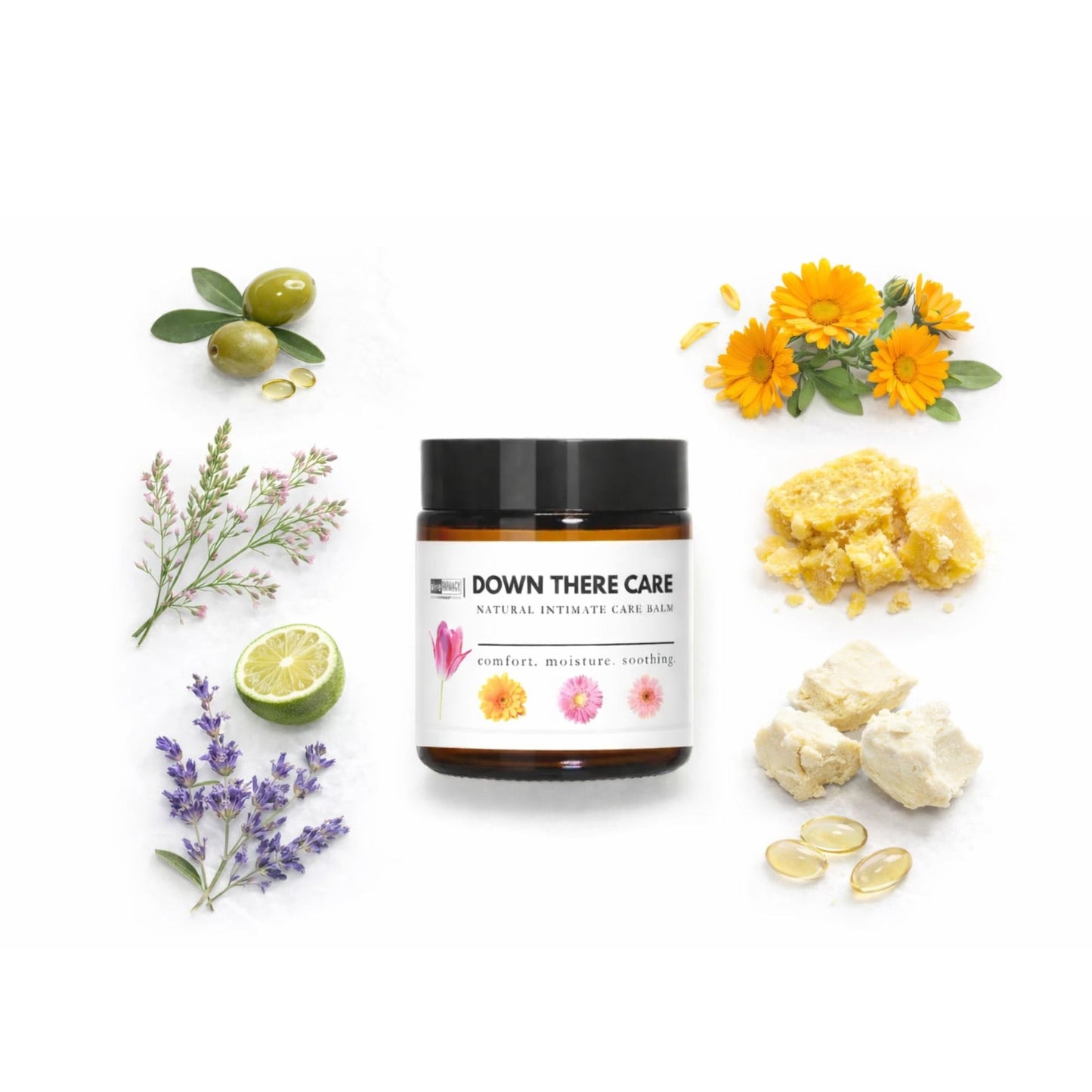 Down There Care surrounded by natural elements on a white background