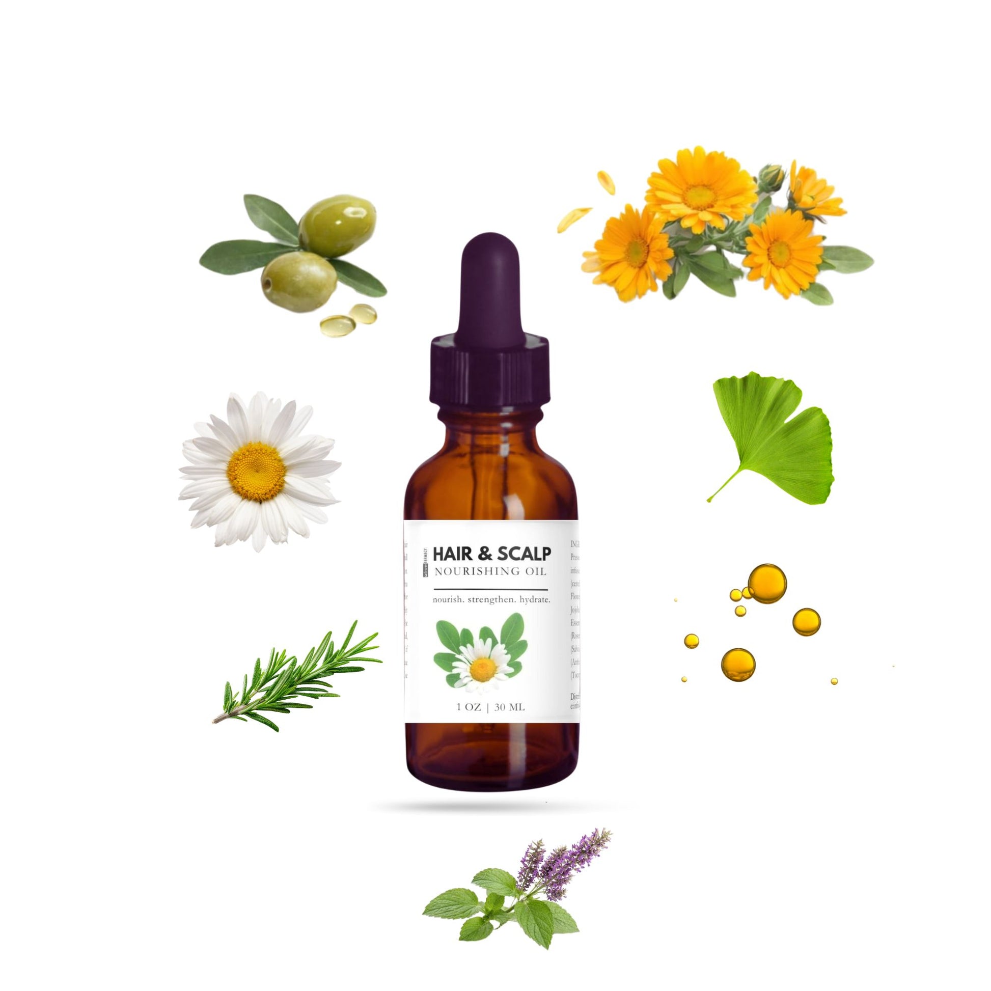 Hair and scalp oil dropper bottle with natural ingredients on a white background