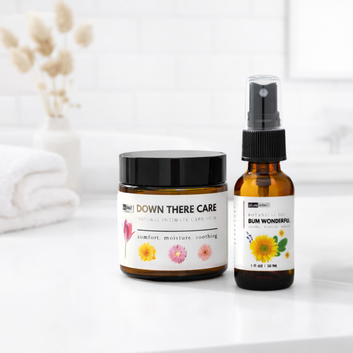 Two skincare products, a jar and a spray bottle, on a white surface with a blurred background.