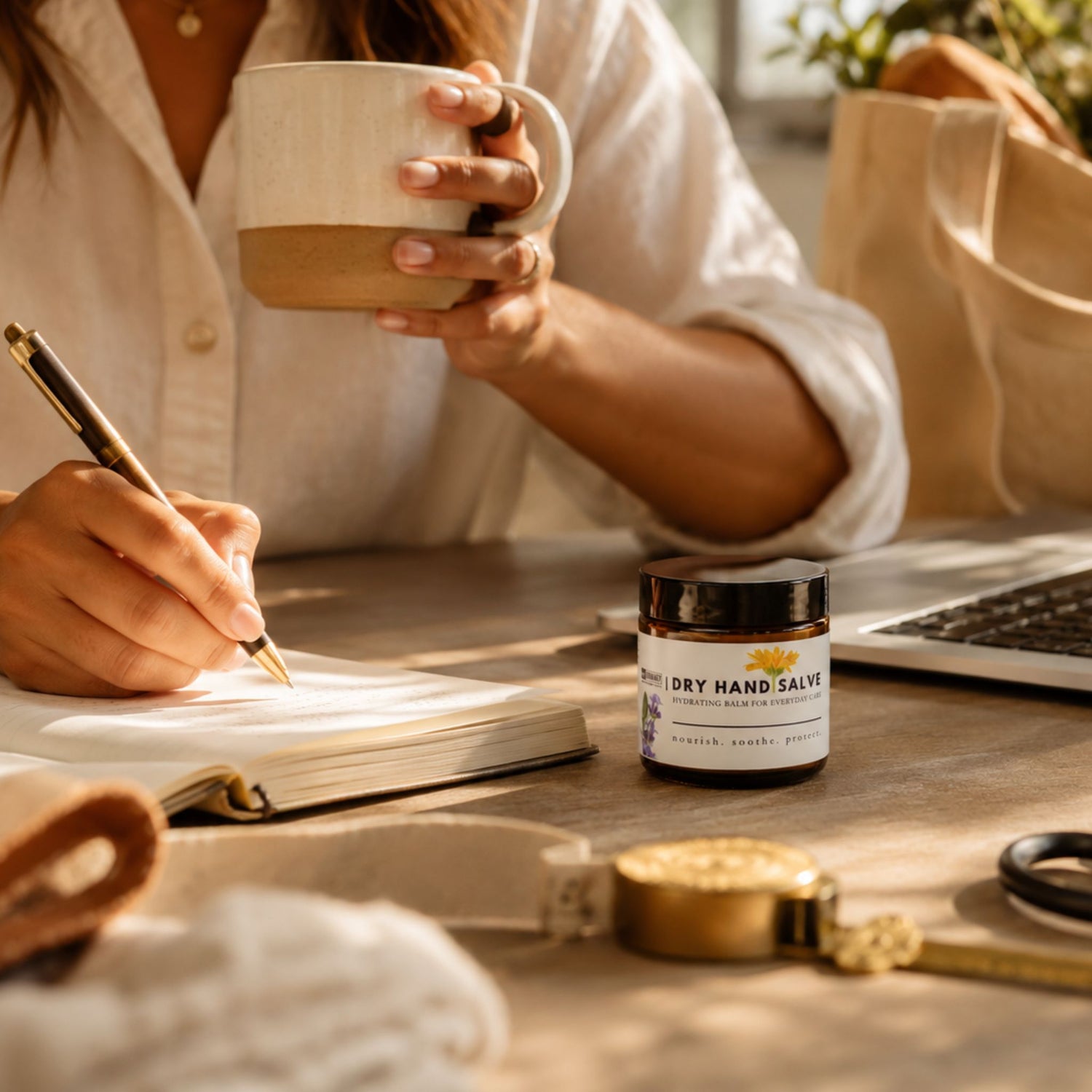 Person holding a mug and writing in a notebook with a jar of dry hand salve on a table.