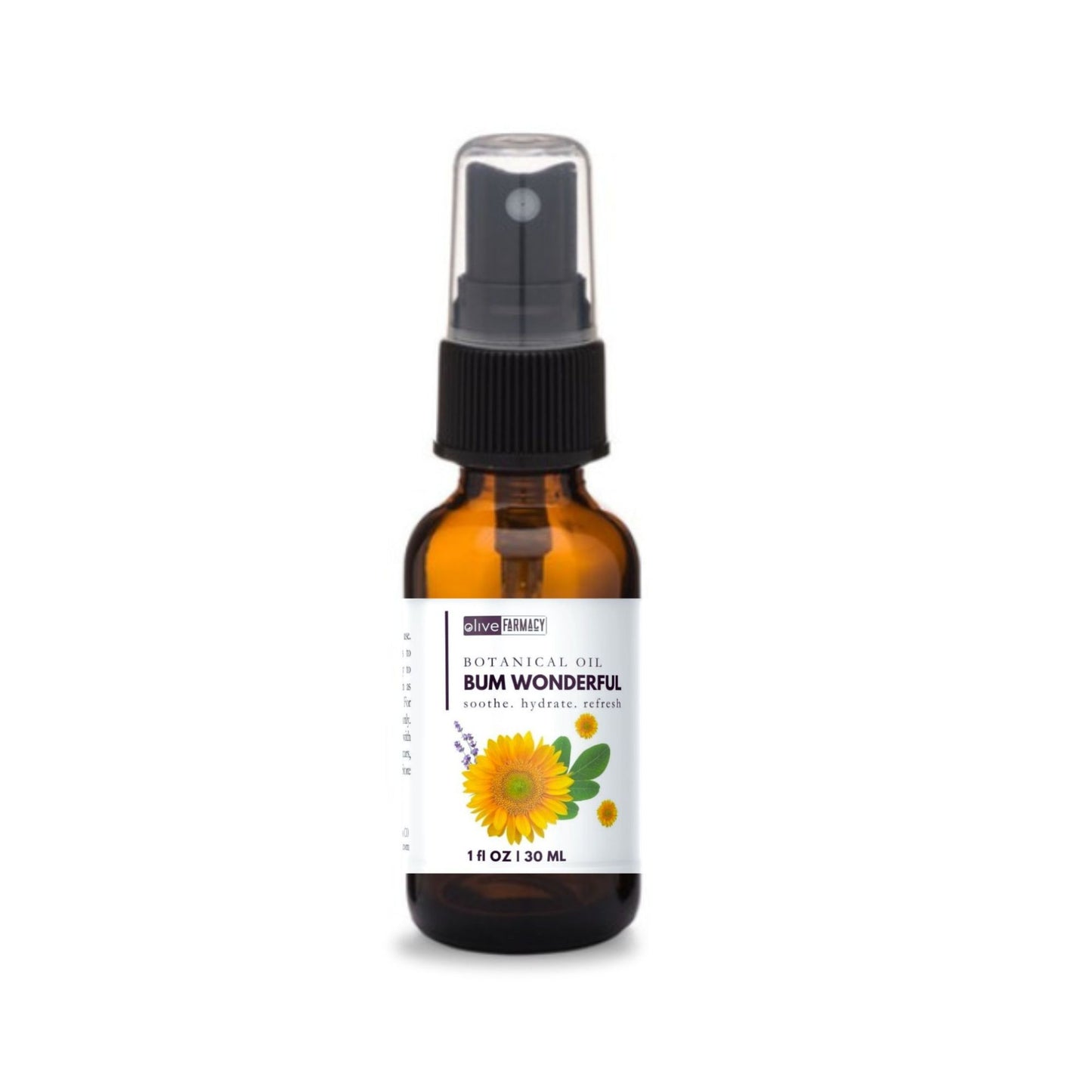 Bottle of 'Bum Wonderful' botanical oil with a sunflower design on a white background in 1 oz amber spray bottle.