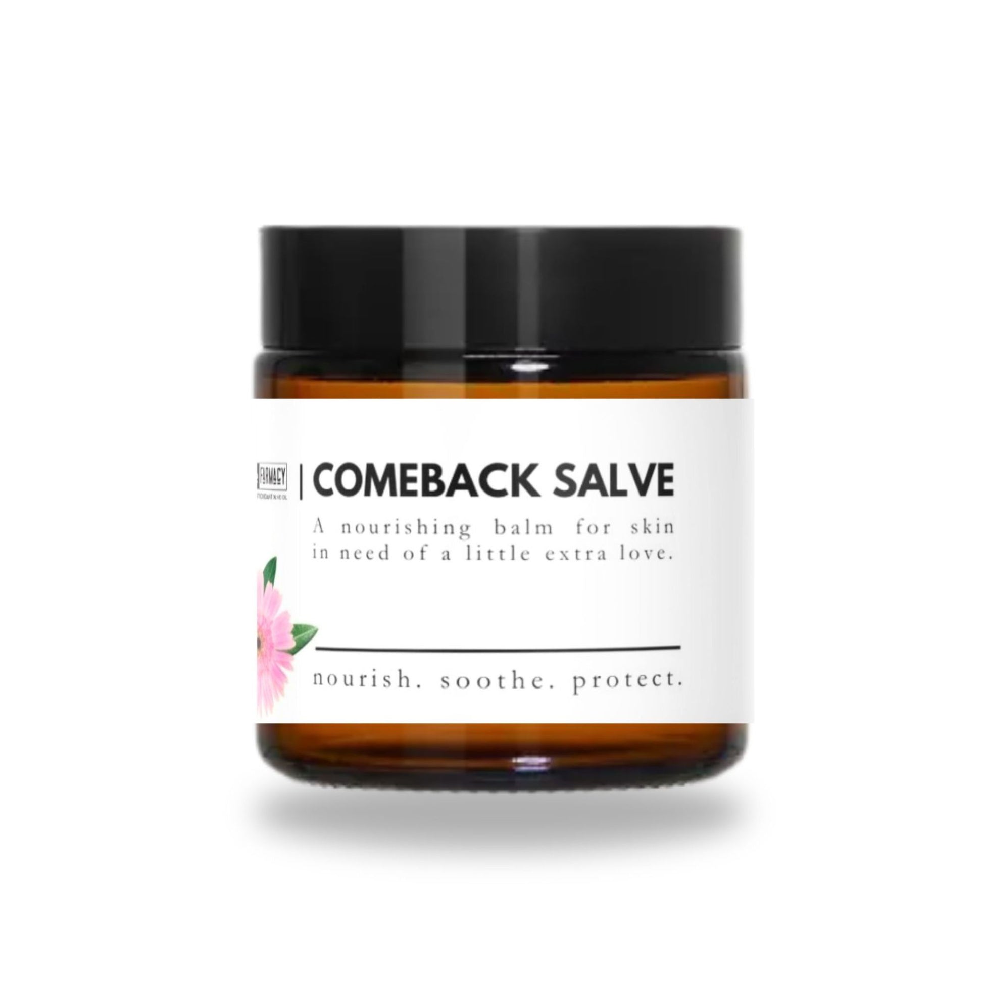 Amber glass jar of Comeback Salve made with olive oil and beeswax on a white background. 