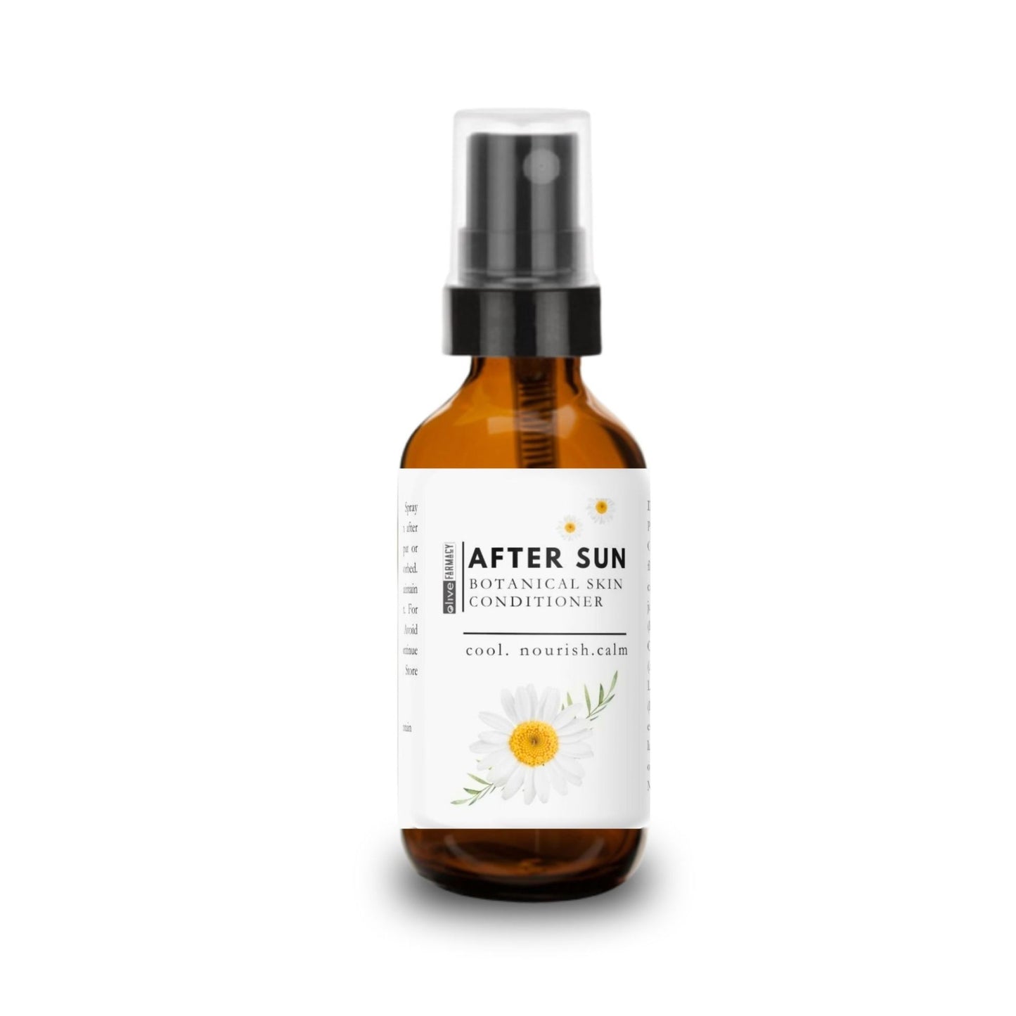 Bottle of 'After Sun' botanical skin conditioner with a white label on a white background