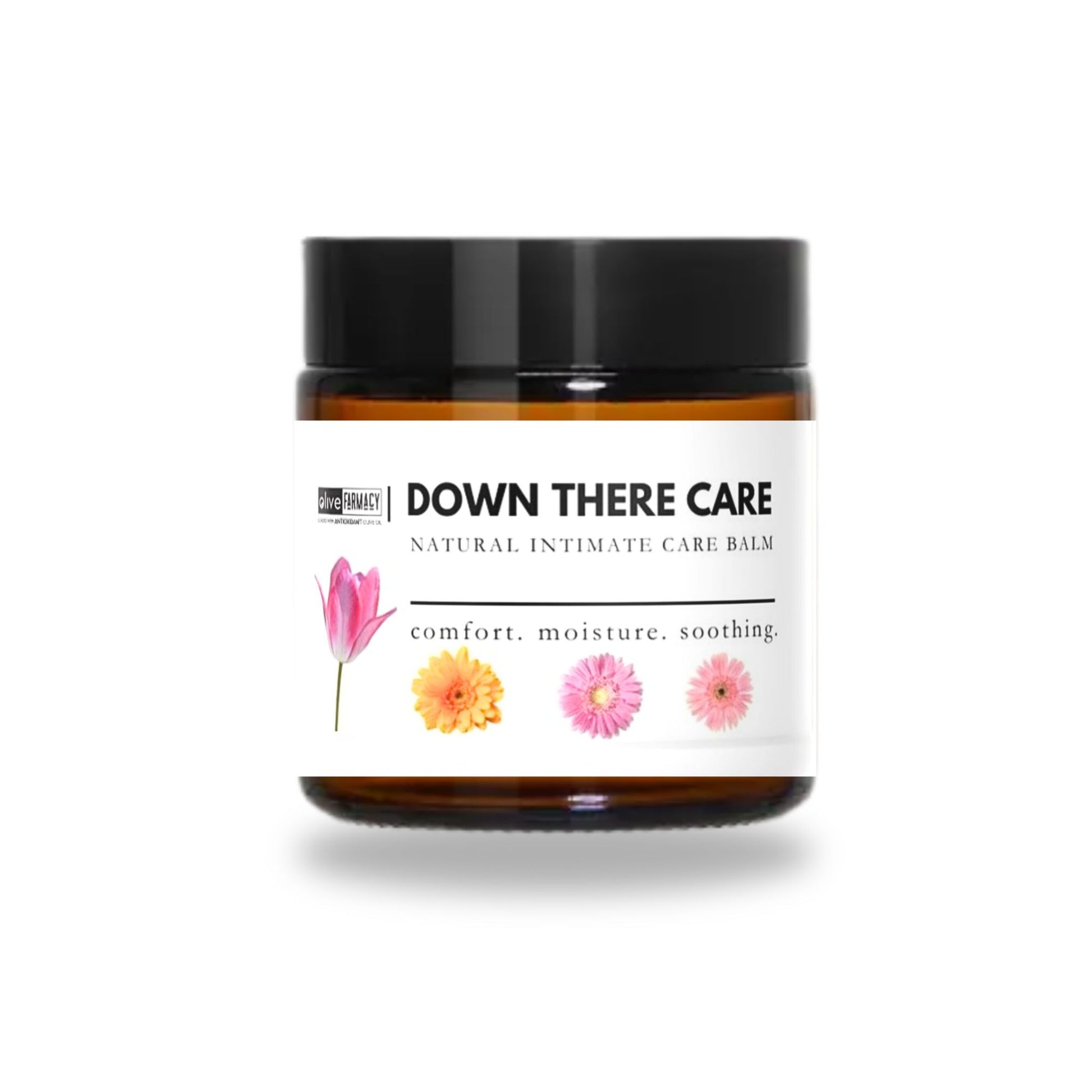 Down There Care external intimate oil balm by Olive Farmacy in an amber glass jar with a white label
